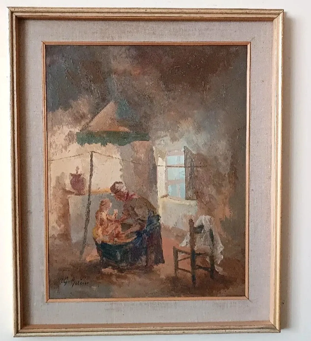 Interno, dipinto a olio su tavola di Guido Guidi, anni '50 2