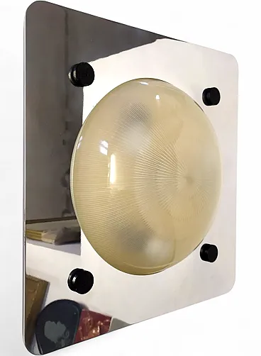 Large glass and steel wall lamp attributed to Lamperti, 1960s