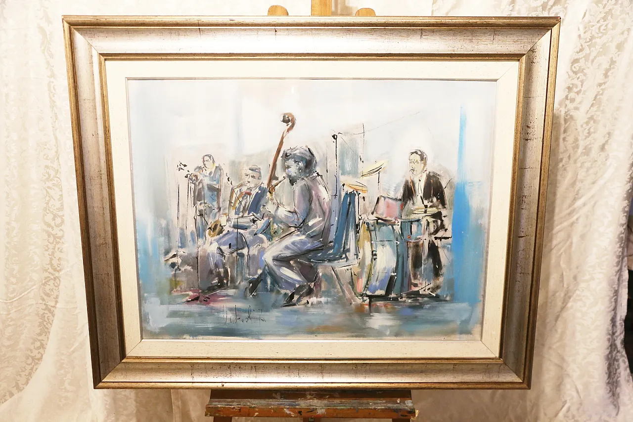 Roberto Andreoli quadro olio su tela musicisti jazz concerto, anni '50 1
