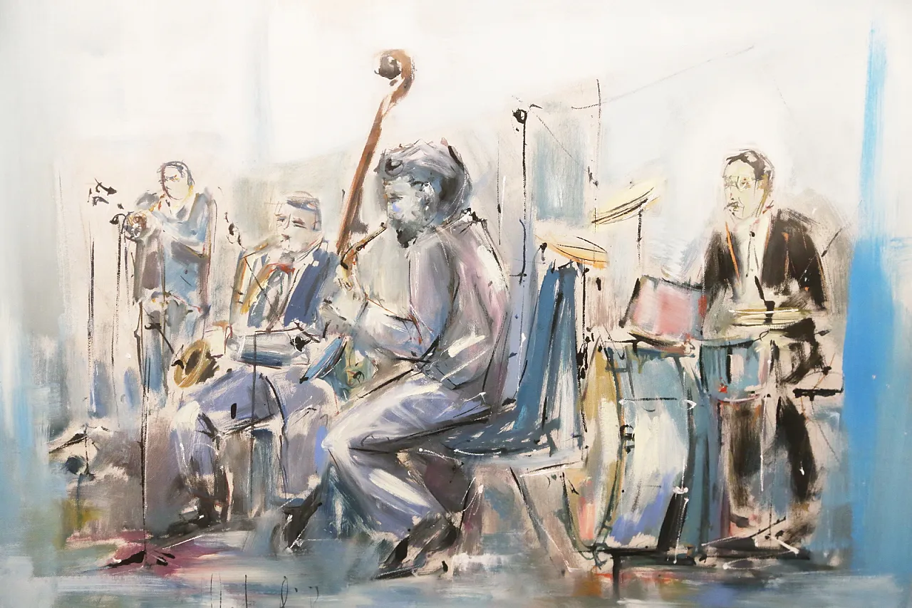Roberto Andreoli quadro olio su tela musicisti jazz concerto, anni '50 3