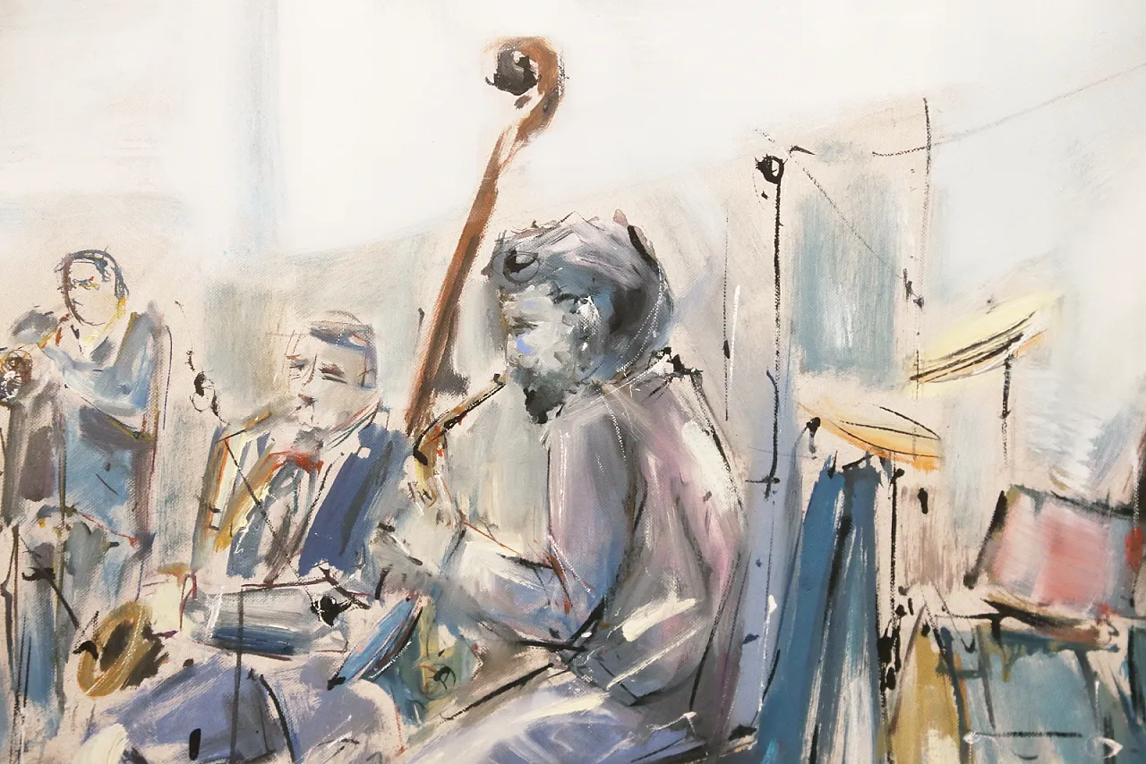 Roberto Andreoli quadro olio su tela musicisti jazz concerto, anni '50 4