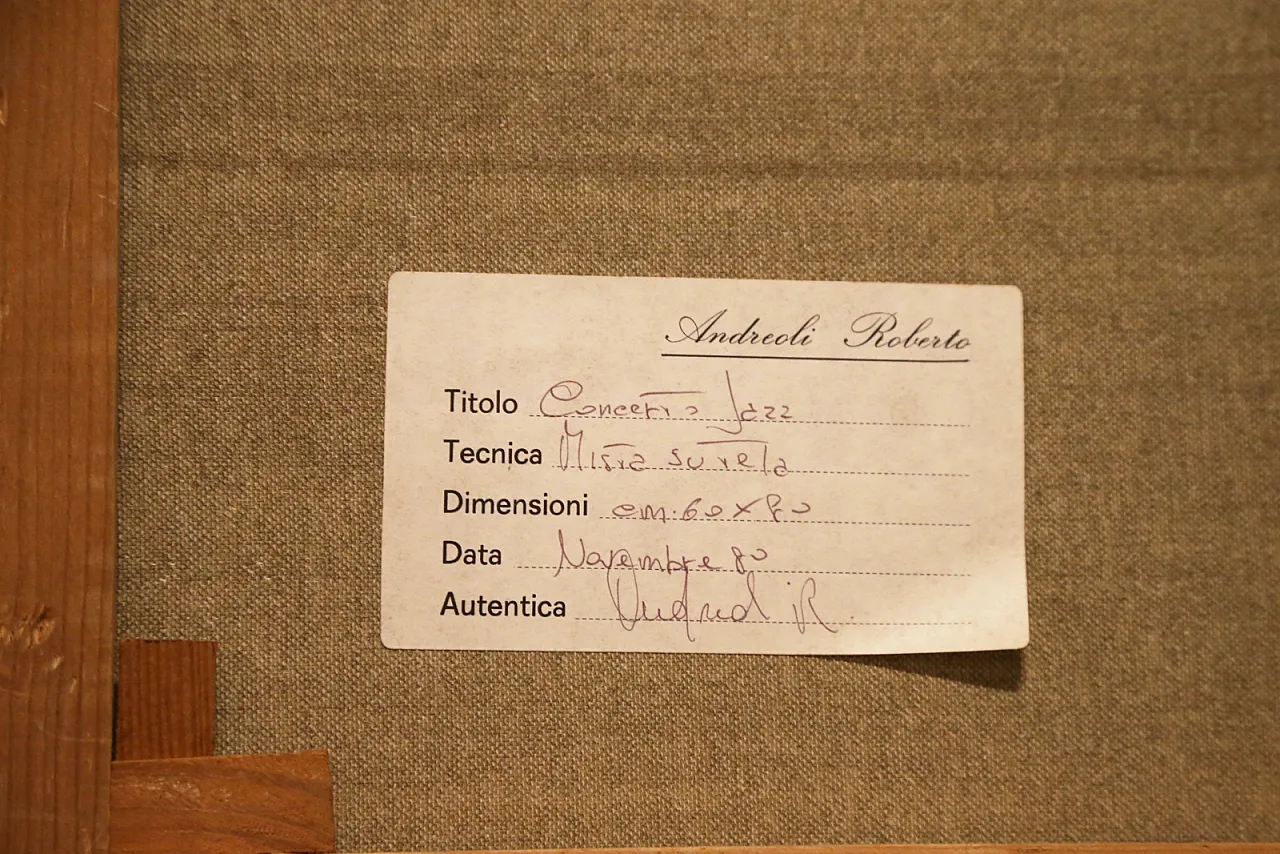 Roberto Andreoli quadro olio su tela musicisti jazz concerto, anni '50 12