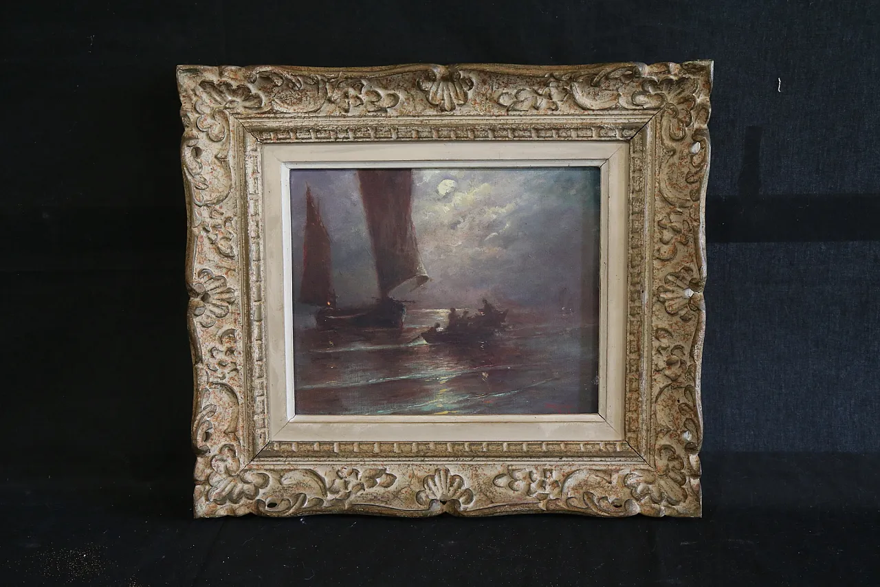 Quadro olio tela marina notturna francese datato firmato, 1963 1