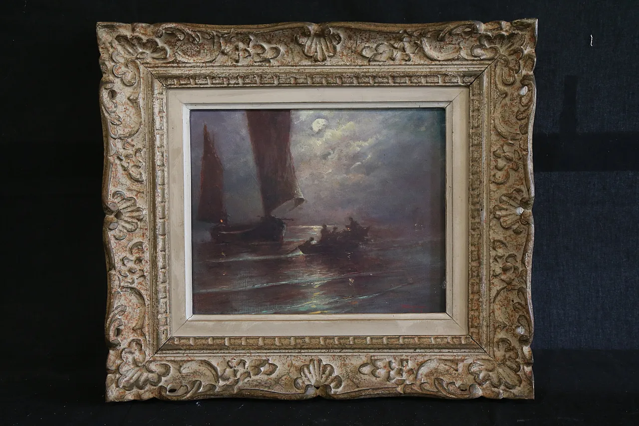 Quadro olio tela marina notturna francese datato firmato, 1963 2