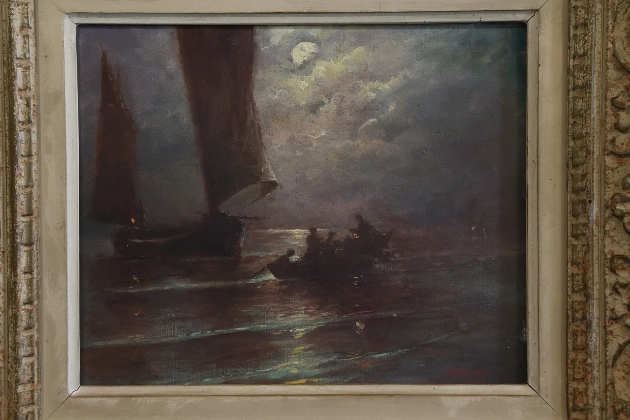 Quadro olio tela marina notturna francese datato firmato, 1963 3