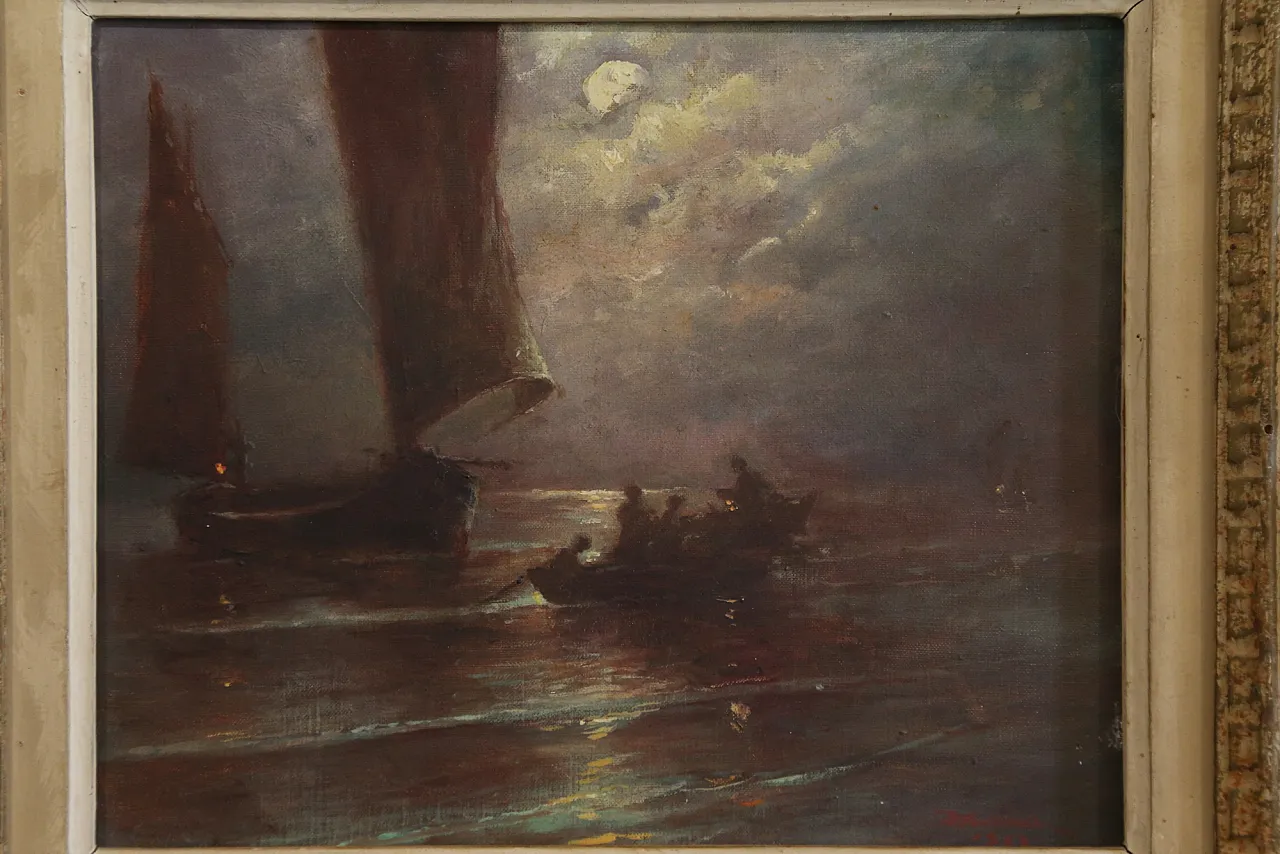 Quadro olio tela marina notturna francese datato firmato, 1963 4