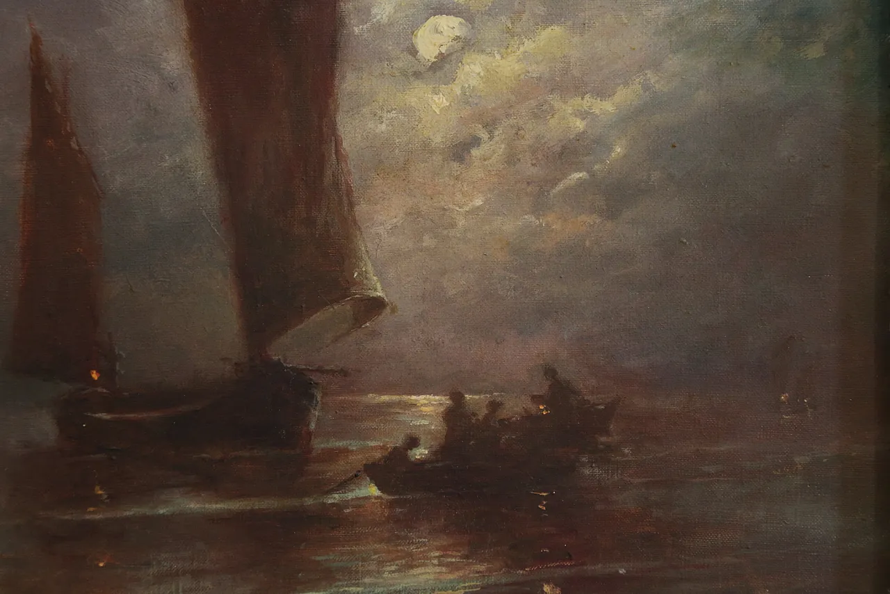 Quadro olio tela marina notturna francese datato firmato, 1963 5