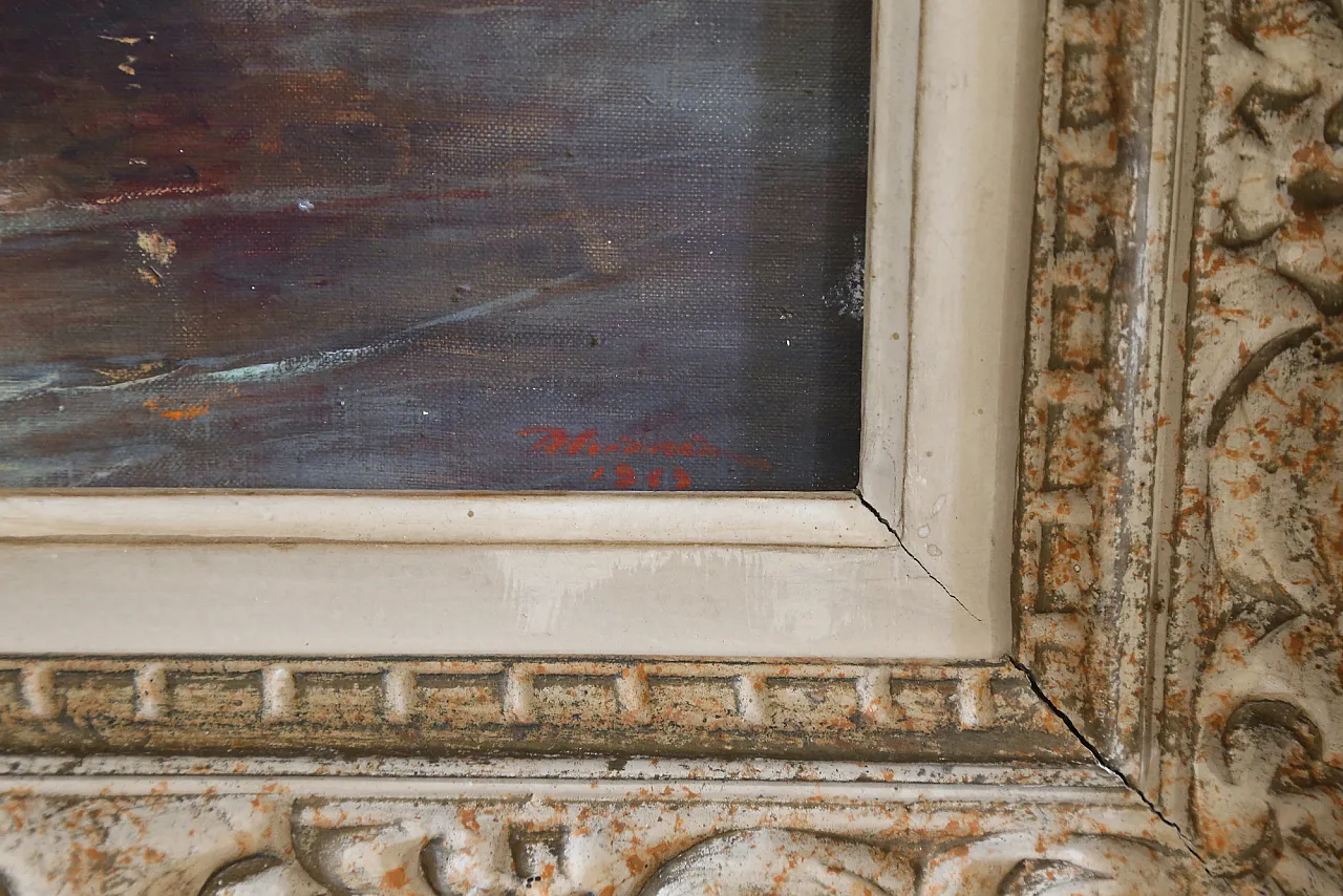 Quadro olio tela marina notturna francese datato firmato, 1963 6