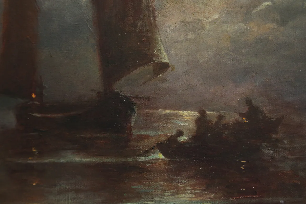 Quadro olio tela marina notturna francese datato firmato, 1963 7