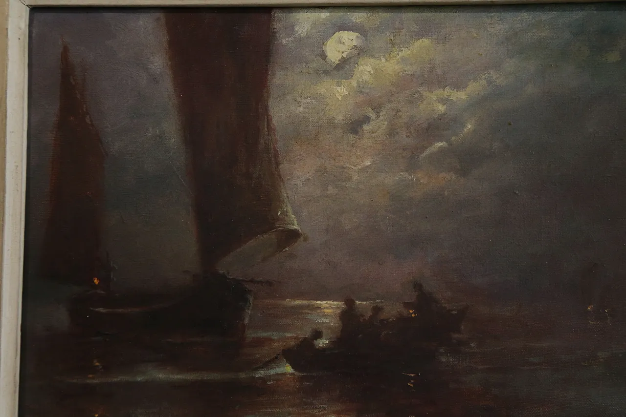 Quadro olio tela marina notturna francese datato firmato, 1963 8