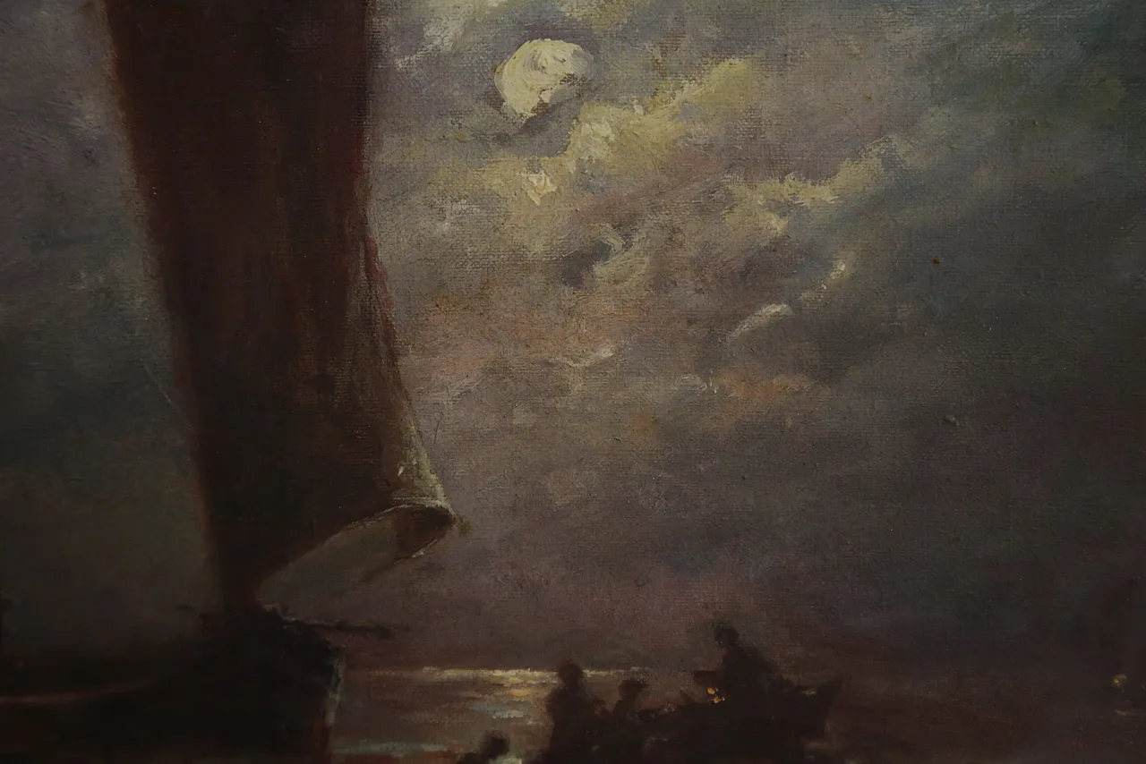 Quadro olio tela marina notturna francese datato firmato, 1963 10