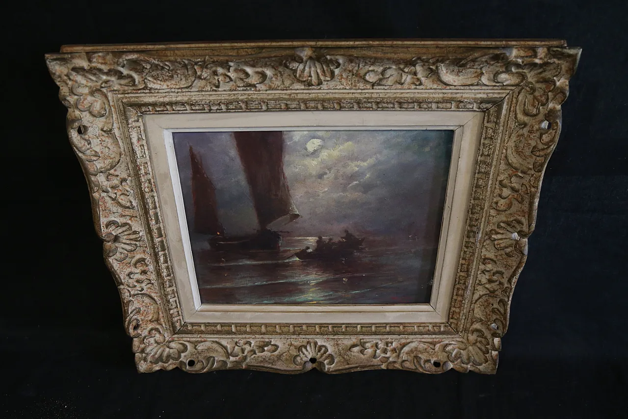 Quadro olio tela marina notturna francese datato firmato, 1963 11