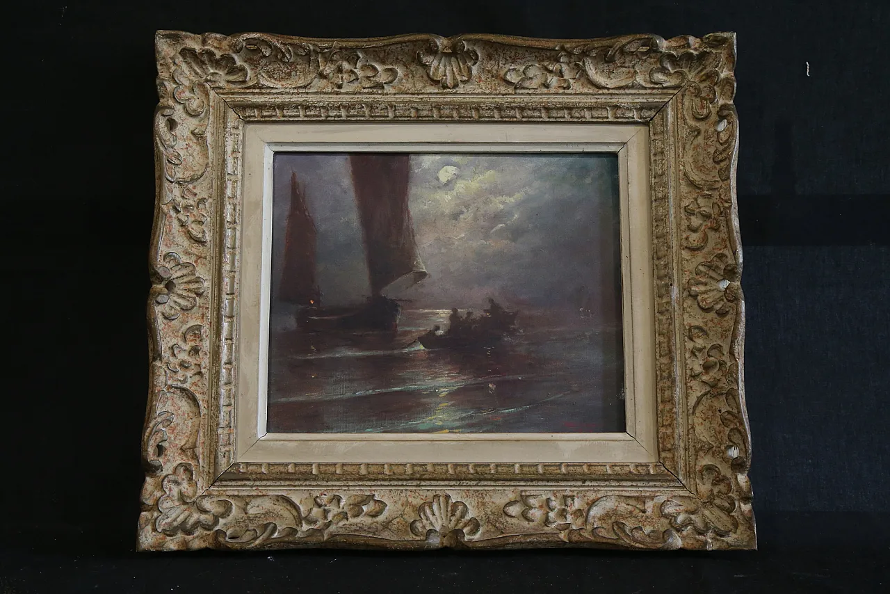 Quadro olio tela marina notturna francese datato firmato, 1963 12