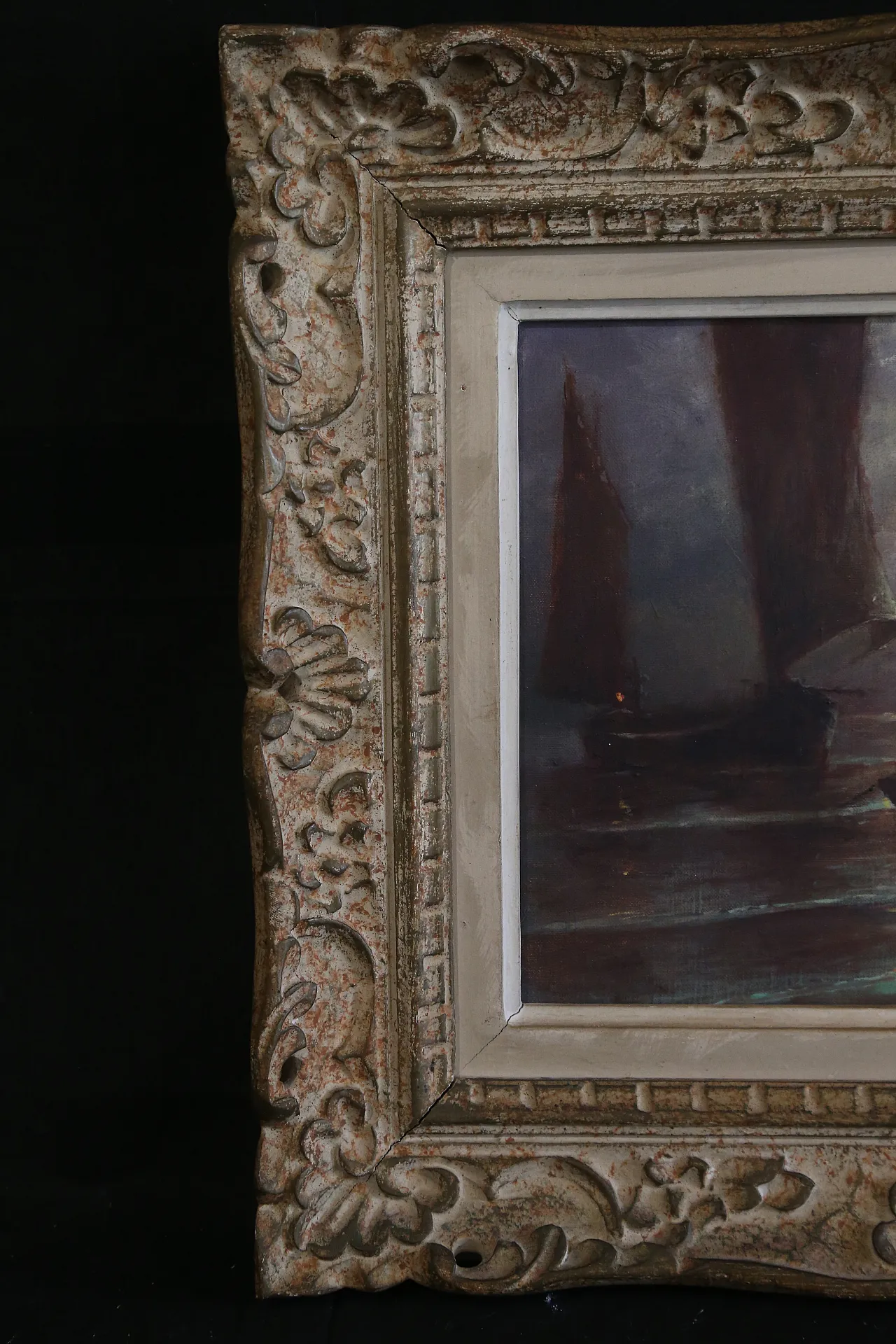 Quadro olio tela marina notturna francese datato firmato, 1963 16