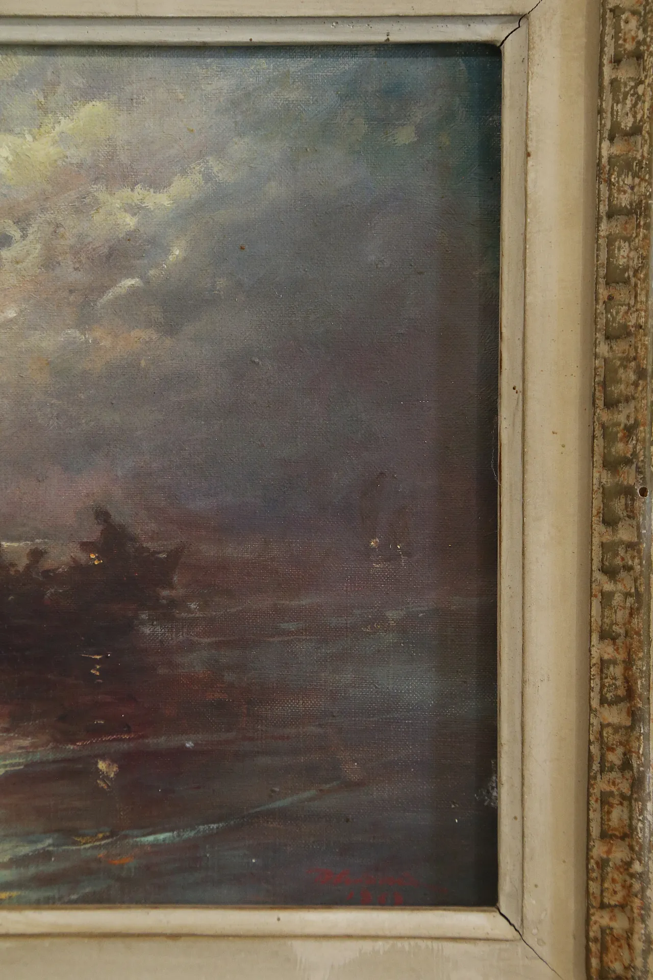 Quadro olio tela marina notturna francese datato firmato, 1963 18