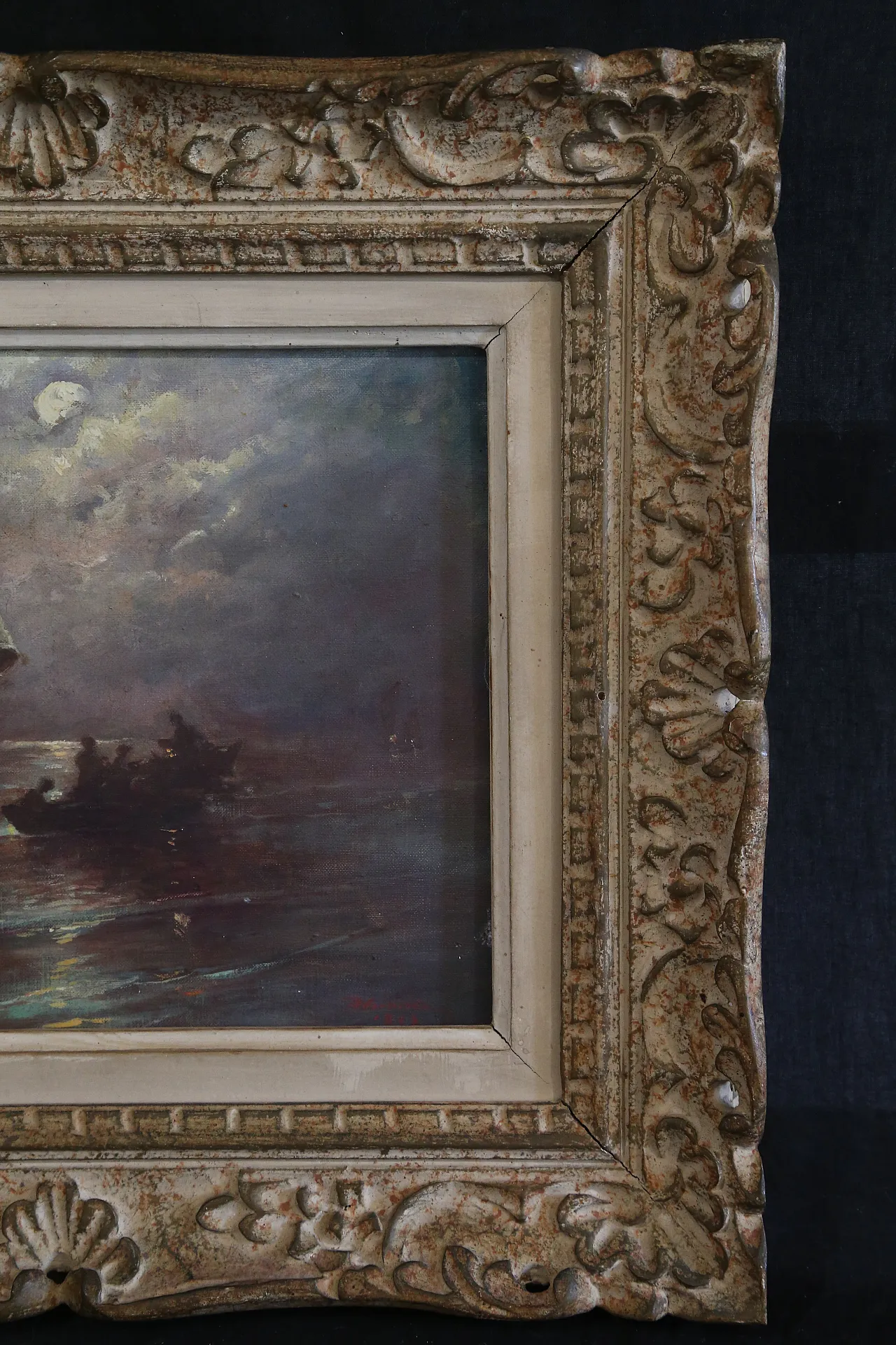 Quadro olio tela marina notturna francese datato firmato, 1963 19
