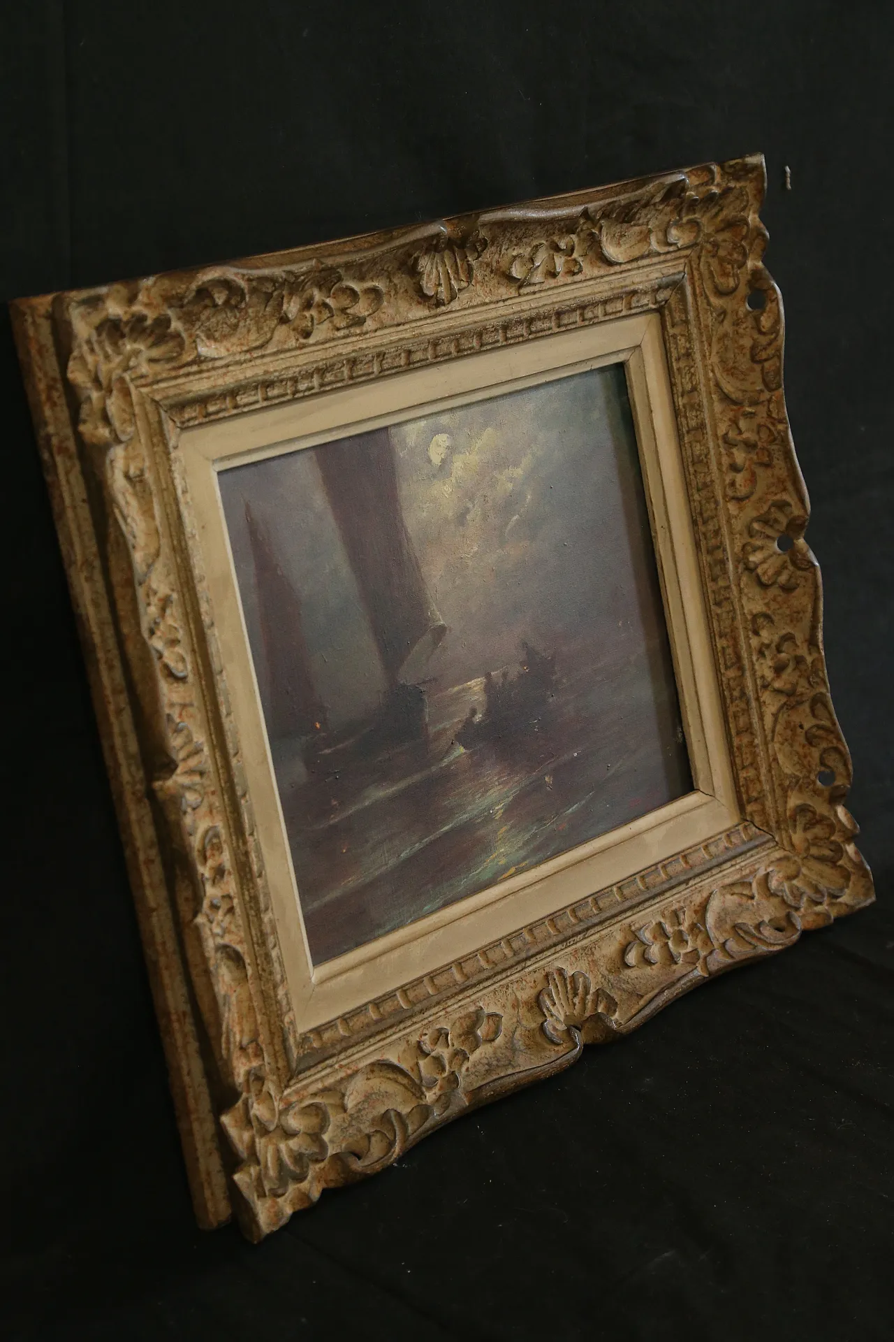 Quadro olio tela marina notturna francese datato firmato, 1963 21