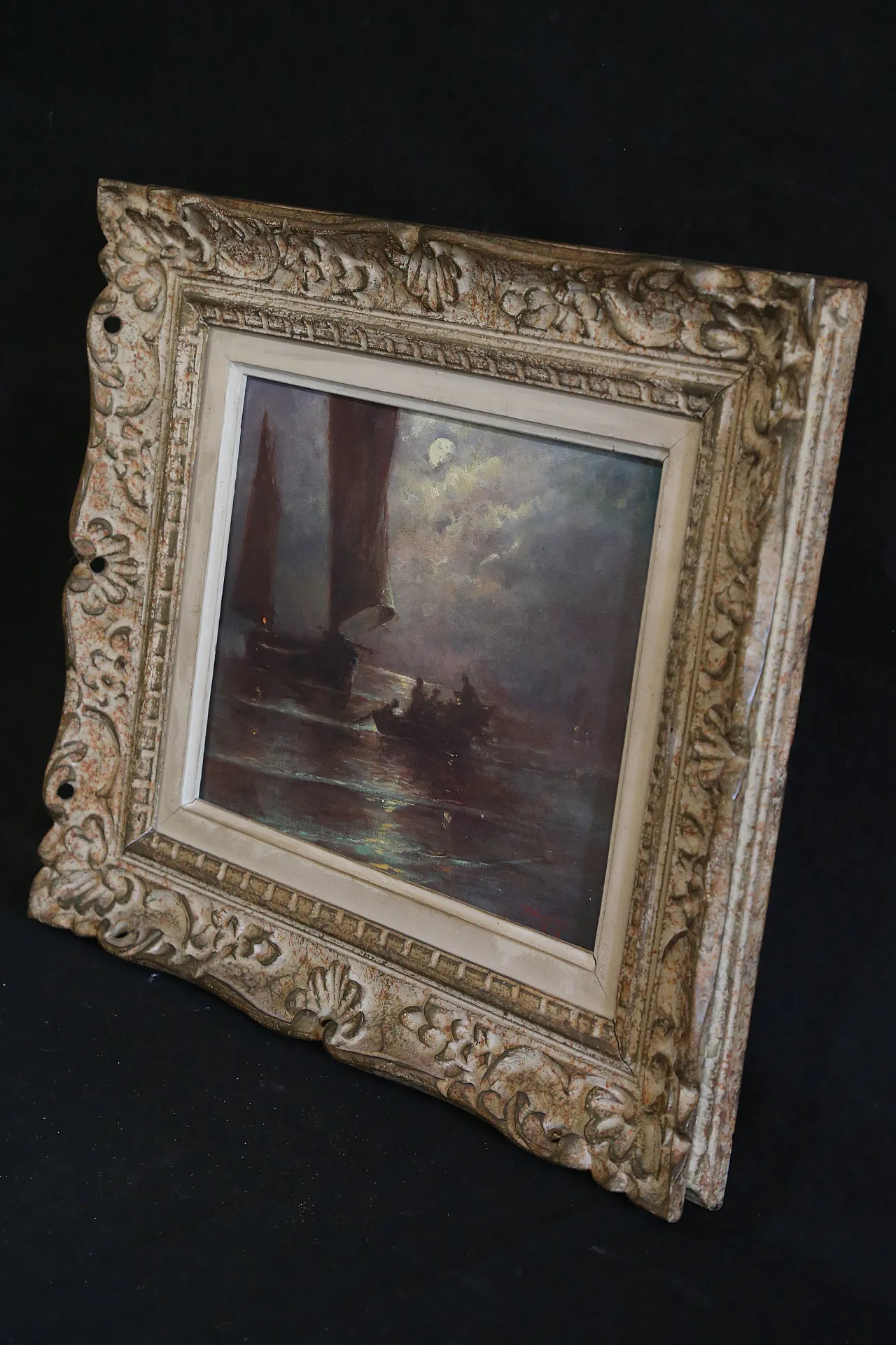 Quadro olio tela marina notturna francese datato firmato, 1963 22