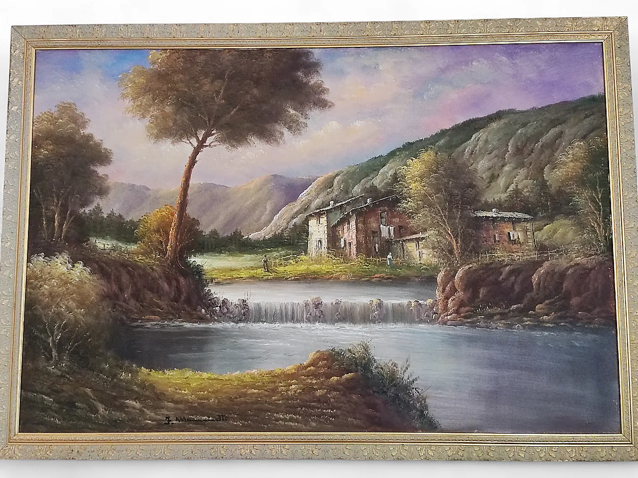 Romantic landscape painting, waterfall farmhouse, oil on canvas, 70s 10