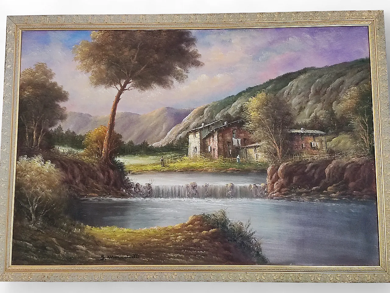 Romantic landscape painting, waterfall farmhouse, oil on canvas, 70s 11
