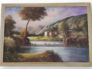 Romantic landscape painting, waterfall farmhouse, oil on canvas, 70s