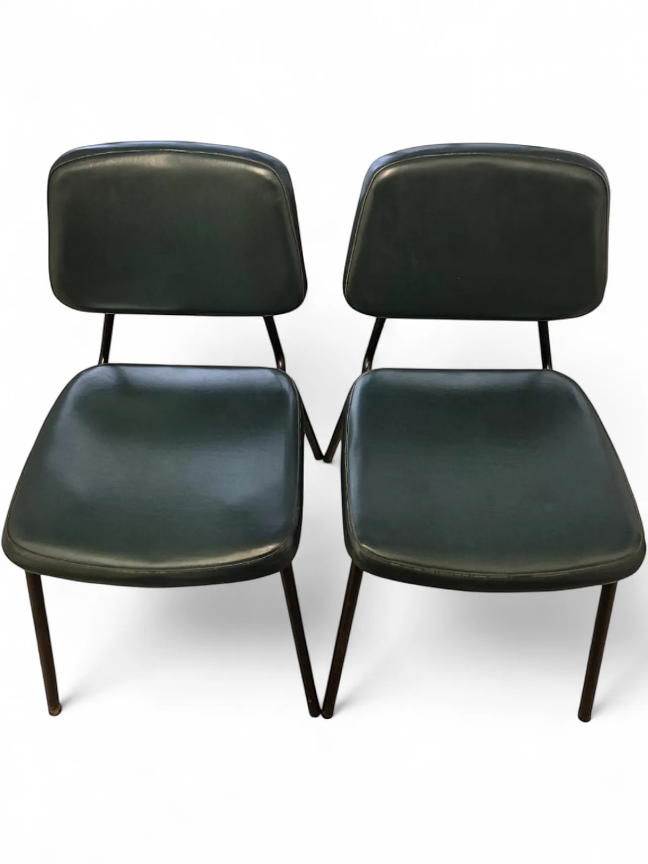 Pair of Industrial Chairs in Green Metal and Faux Leather, 1950s 15
