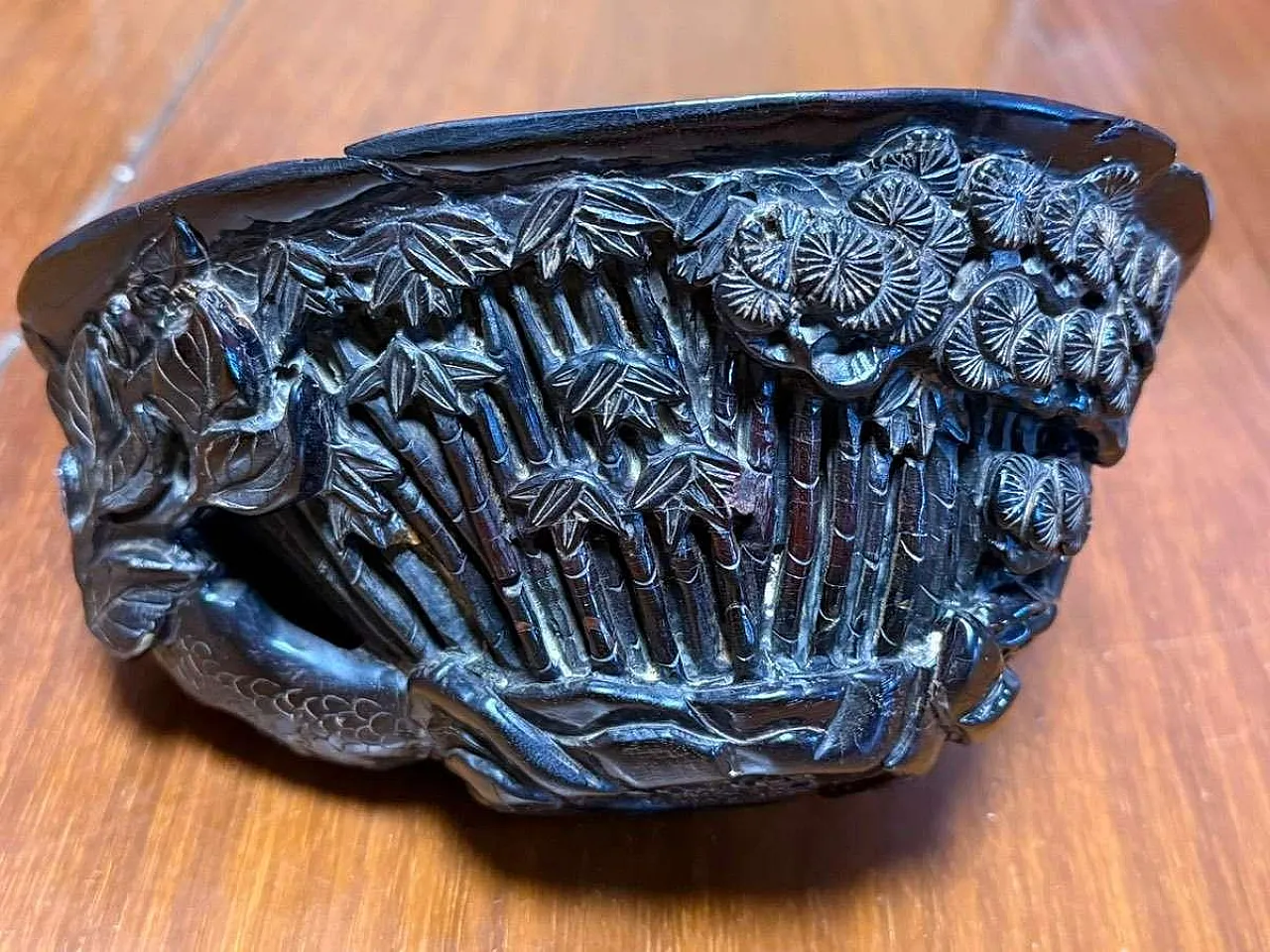 Chinese carved buffalo horn scholar's bowl Qing Dynasty 2