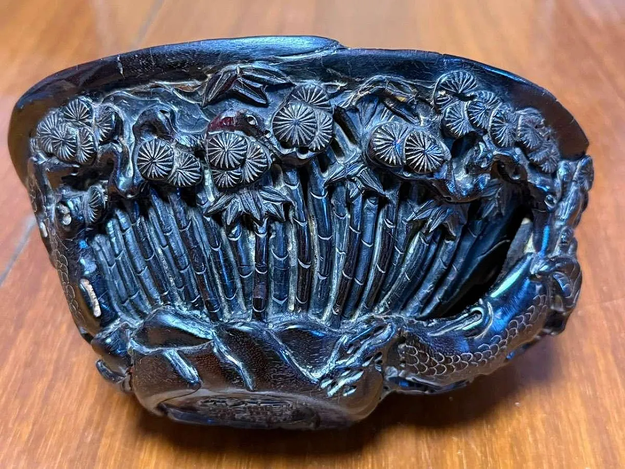 Chinese carved buffalo horn scholar's bowl Qing Dynasty 3