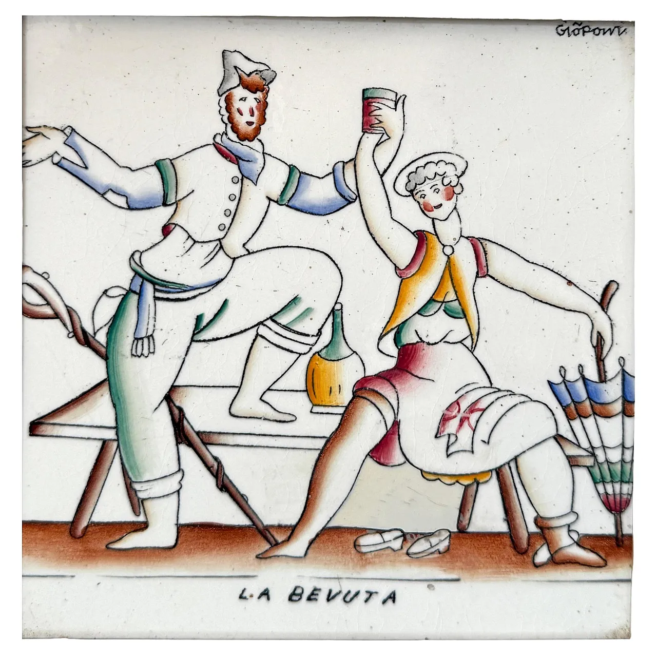 Piastrella La Bevuta di Gio Ponti per Richard Ginori, anni '30 1