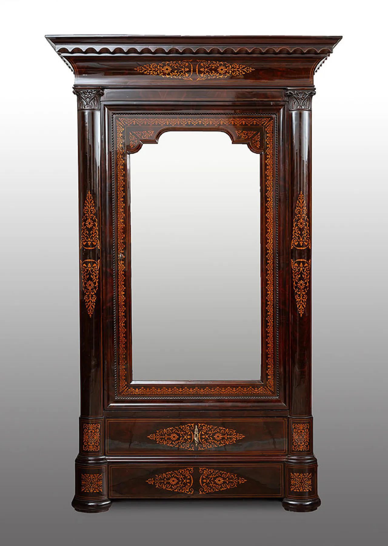 Smith Neapolitan wardrobe in mahogany feather with inlay inserts 1