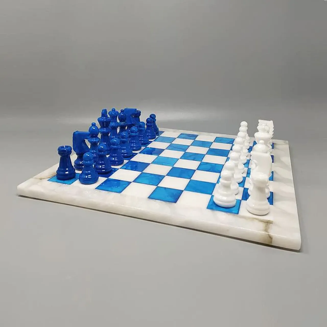 Blue and white chess set in Volterra alabaster handmade, 1970s 1