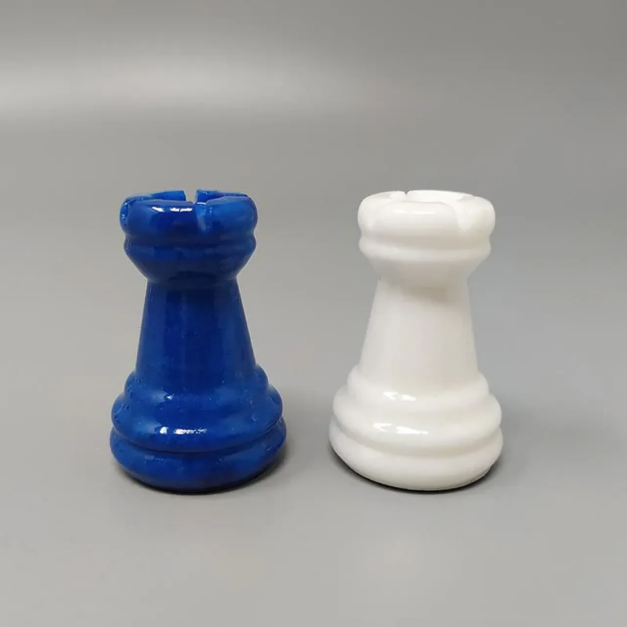 Blue and white chess set in Volterra alabaster handmade, 1970s 11