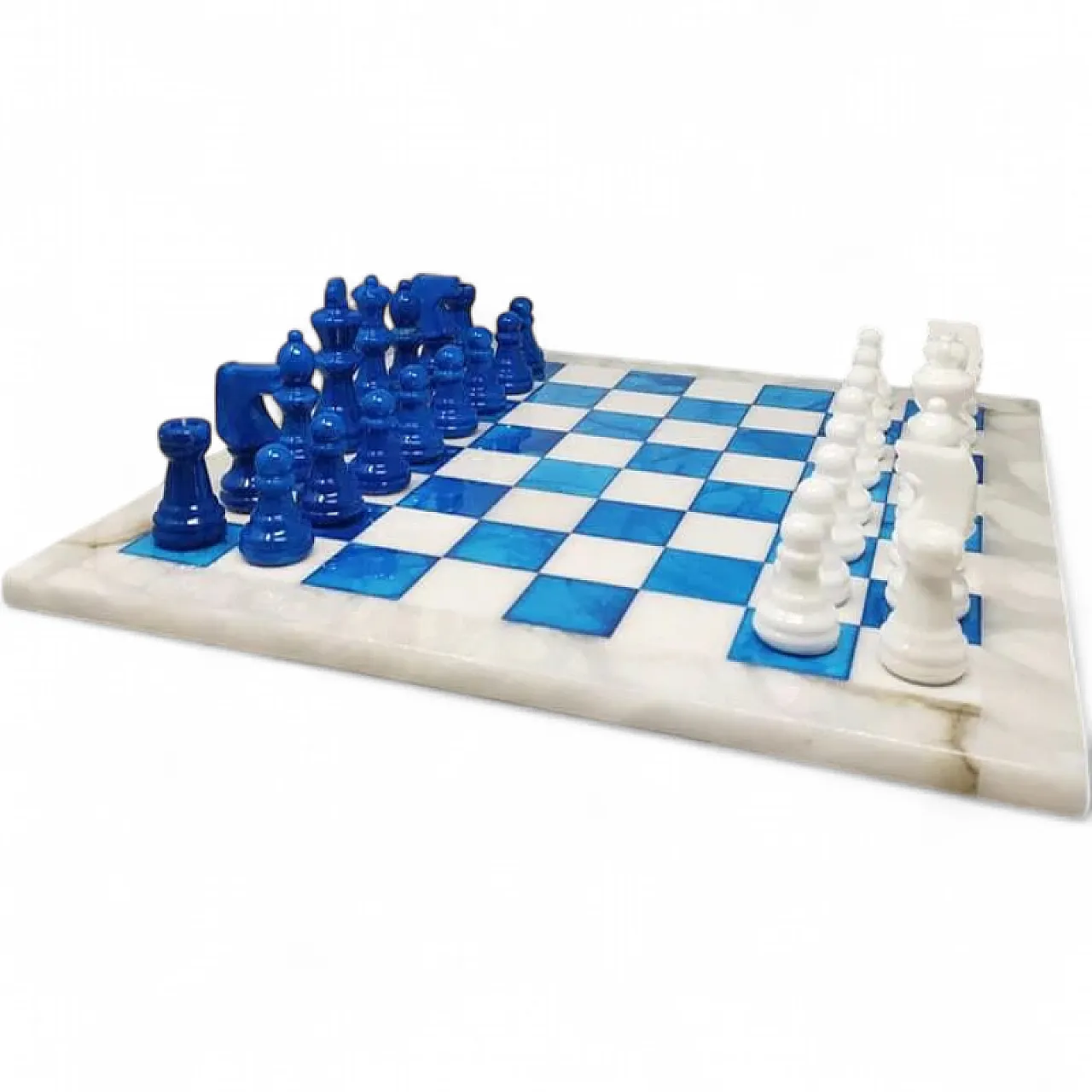 Blue and white chess set in Volterra alabaster handmade, 1970s 13