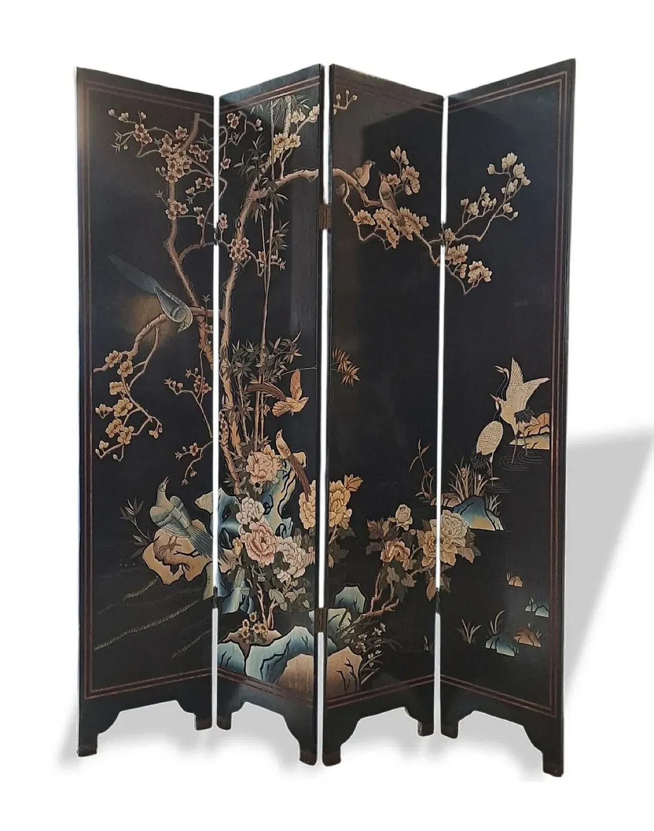 Paravento a quattro ante in legno laccato nero, anni '50 1