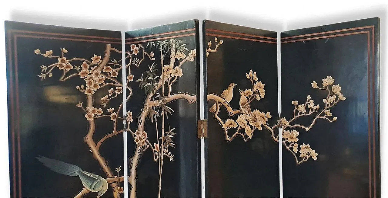 Paravento a quattro ante in legno laccato nero, anni '50 2