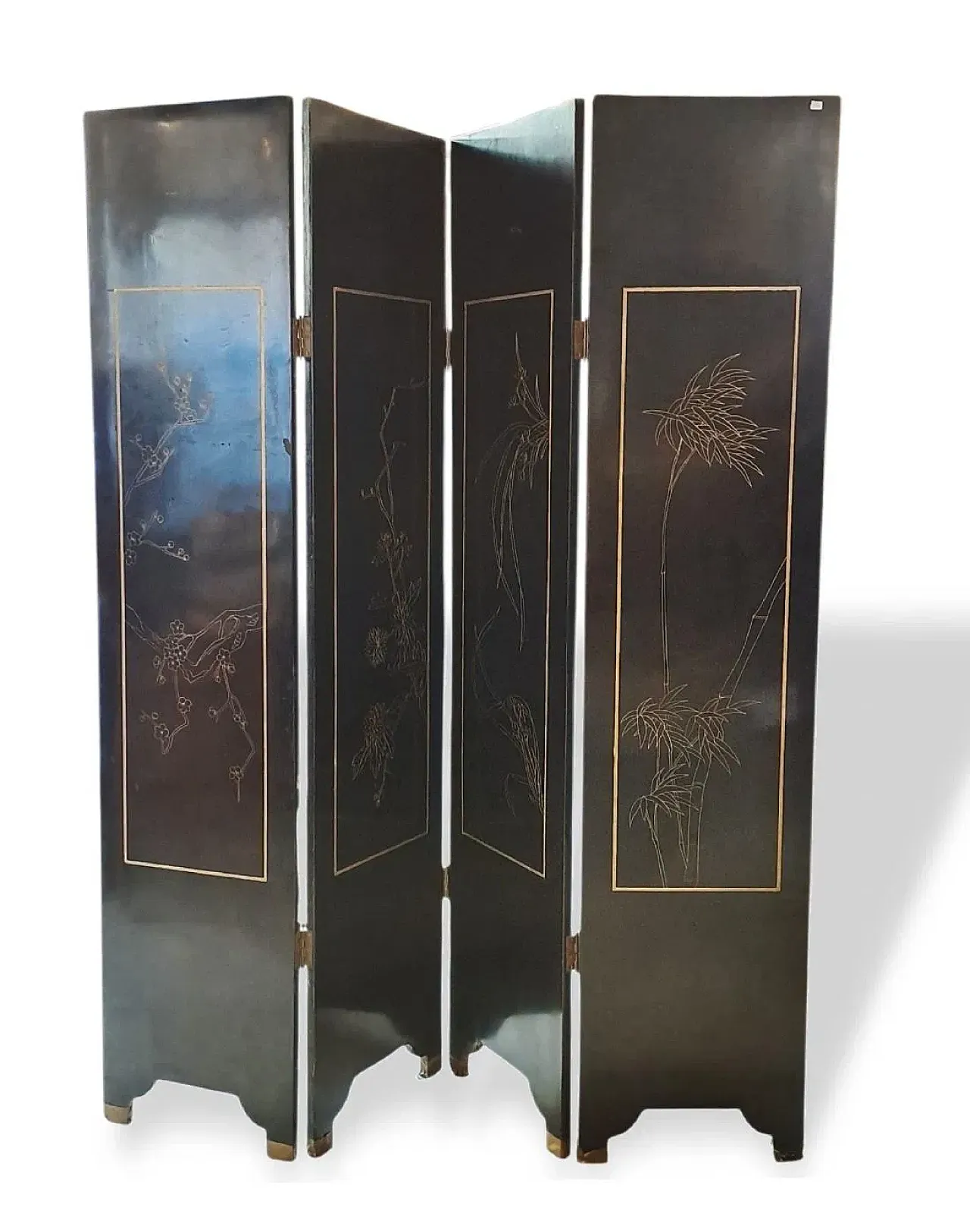 Paravento a quattro ante in legno laccato nero, anni '50 8