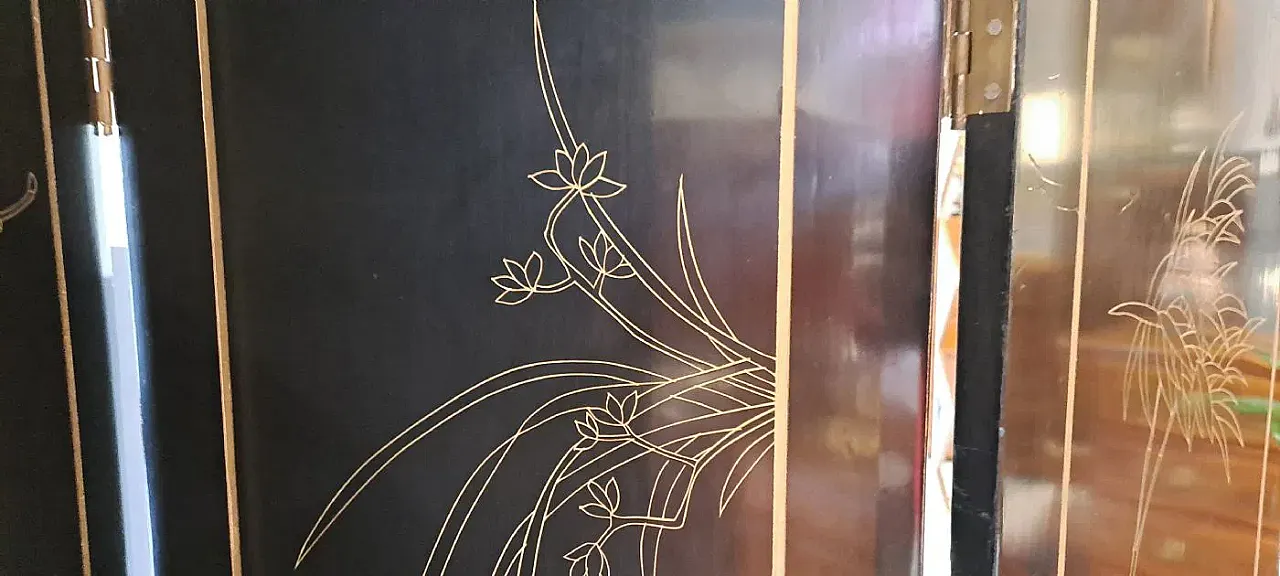 Paravento a quattro ante in legno laccato nero, anni '50 9