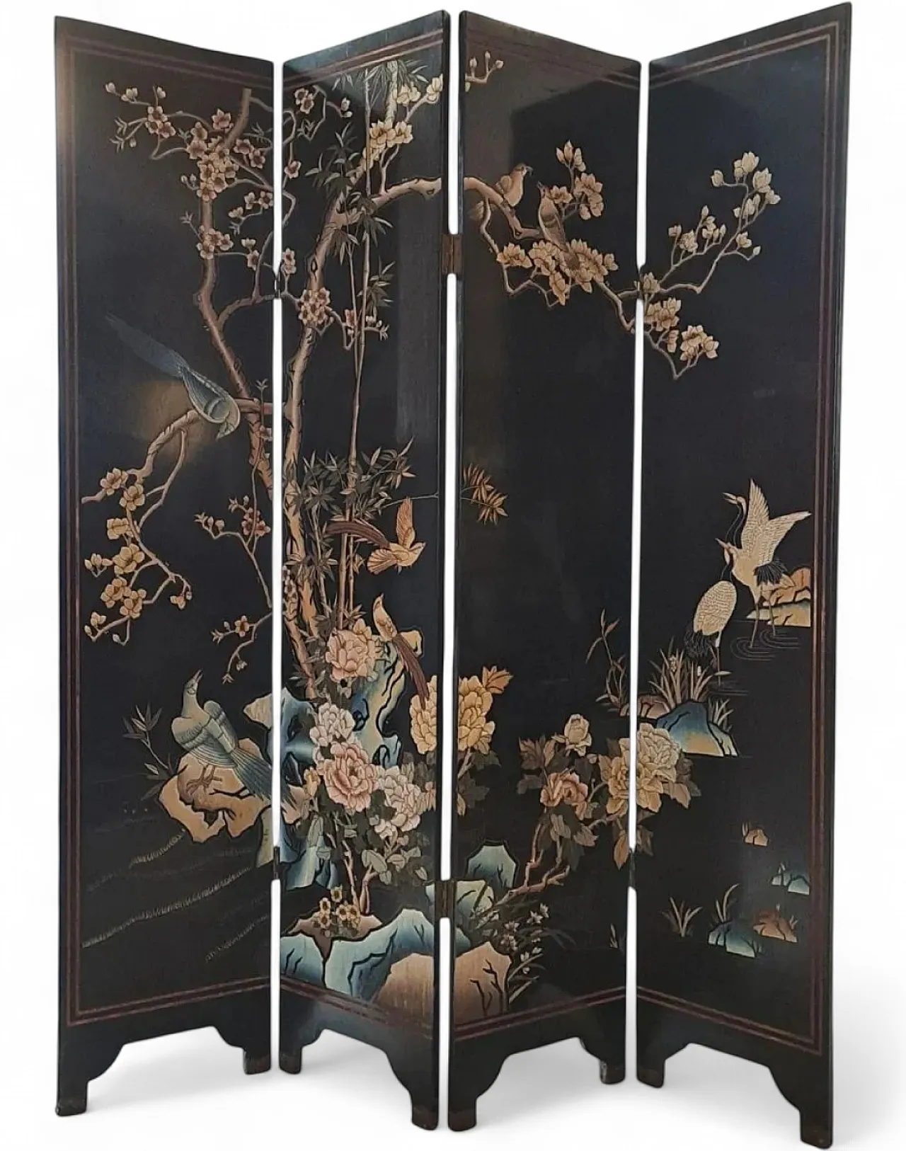 Paravento a quattro ante in legno laccato nero, anni '50 10