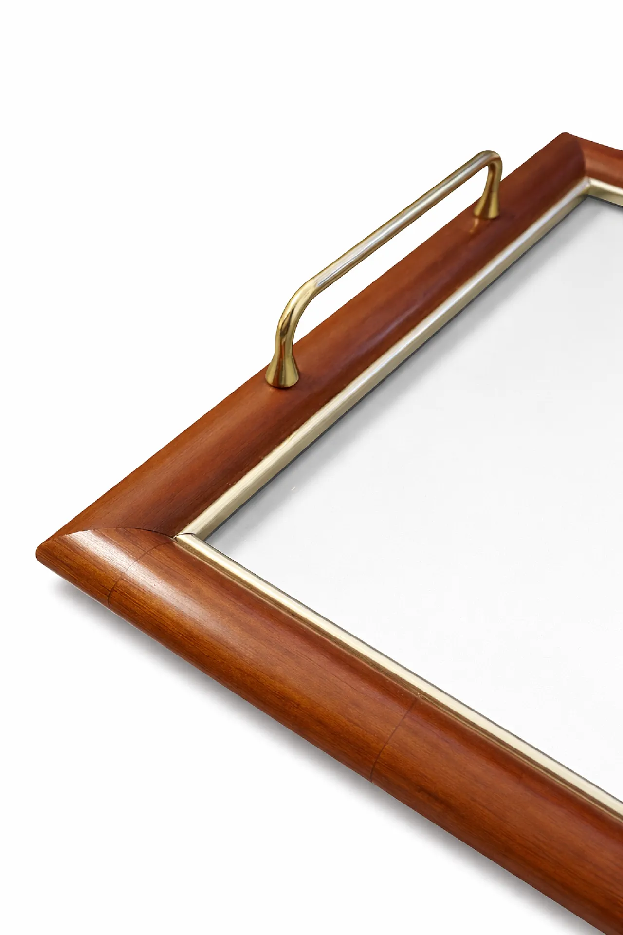 Wood and glass tray with brass handles, 70s 1