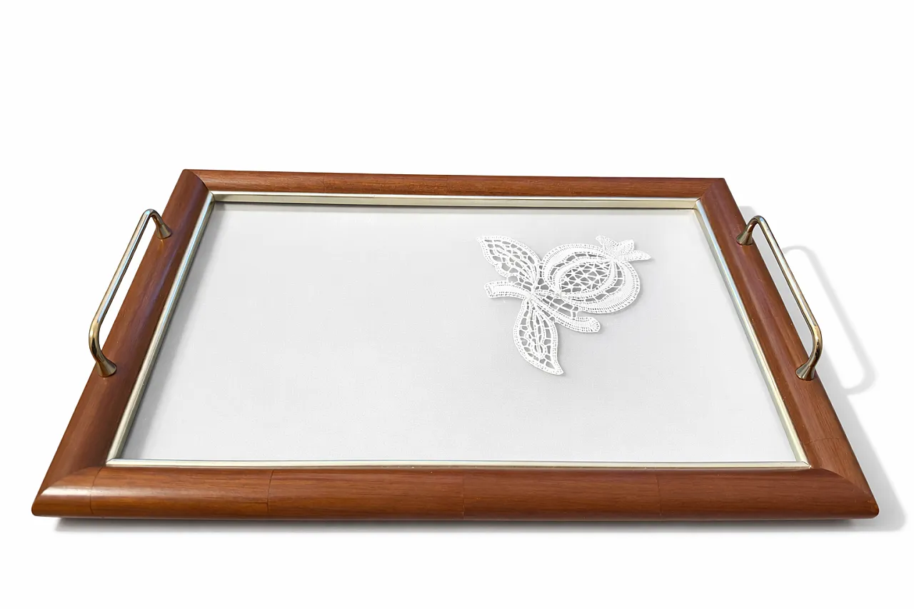 Wood and glass tray with brass handles, 70s 2