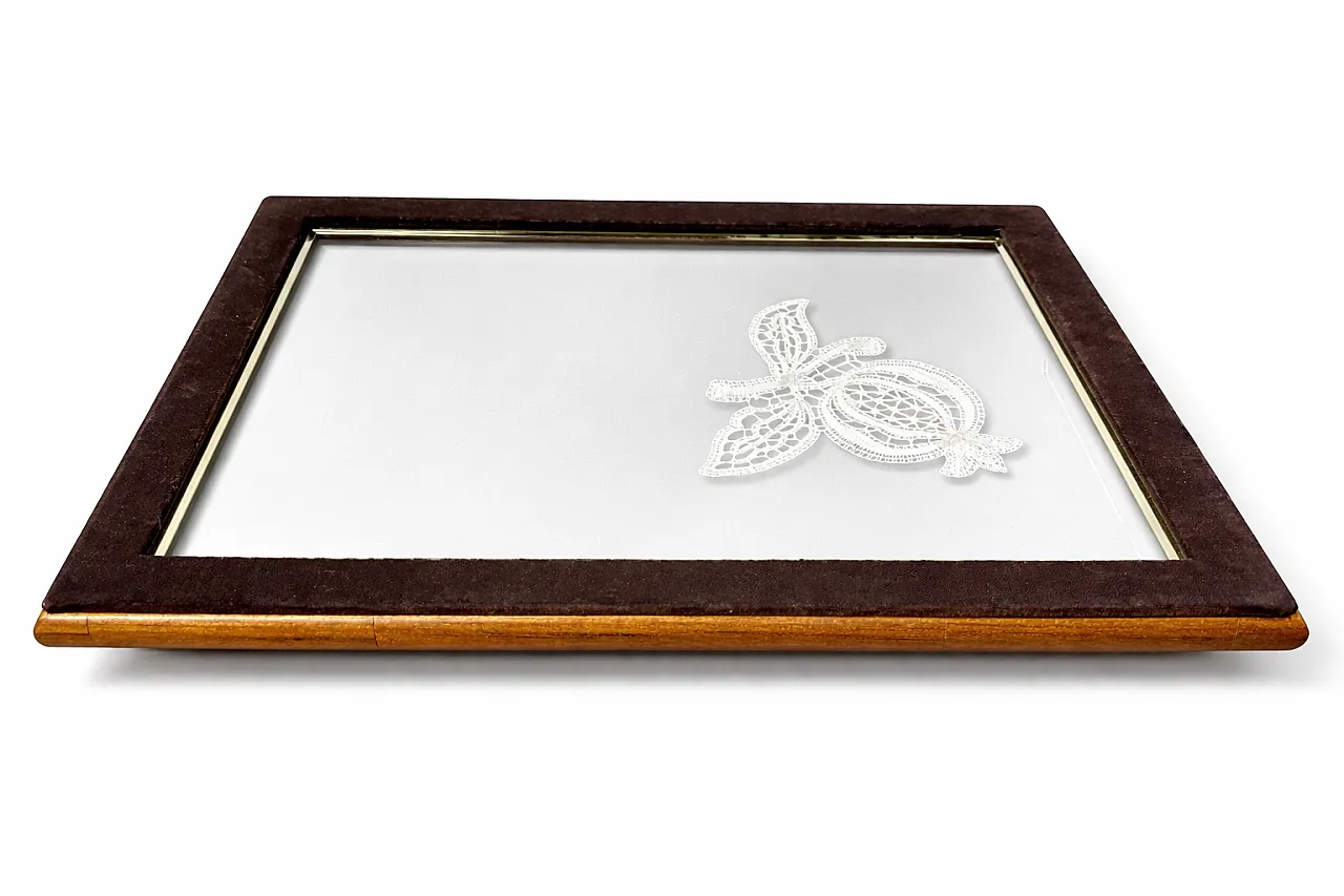 Wood and glass tray with brass handles, 70s 3