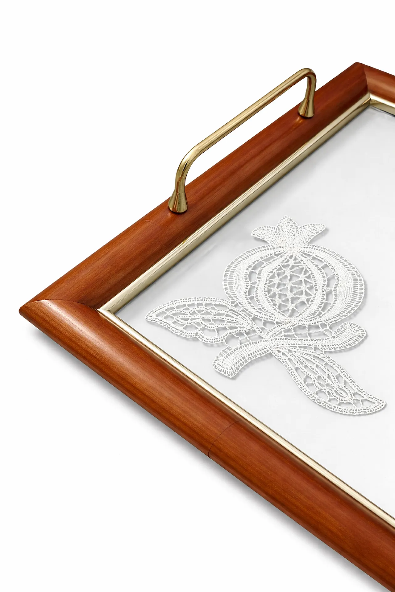 Wood and glass tray with brass handles, 70s 4