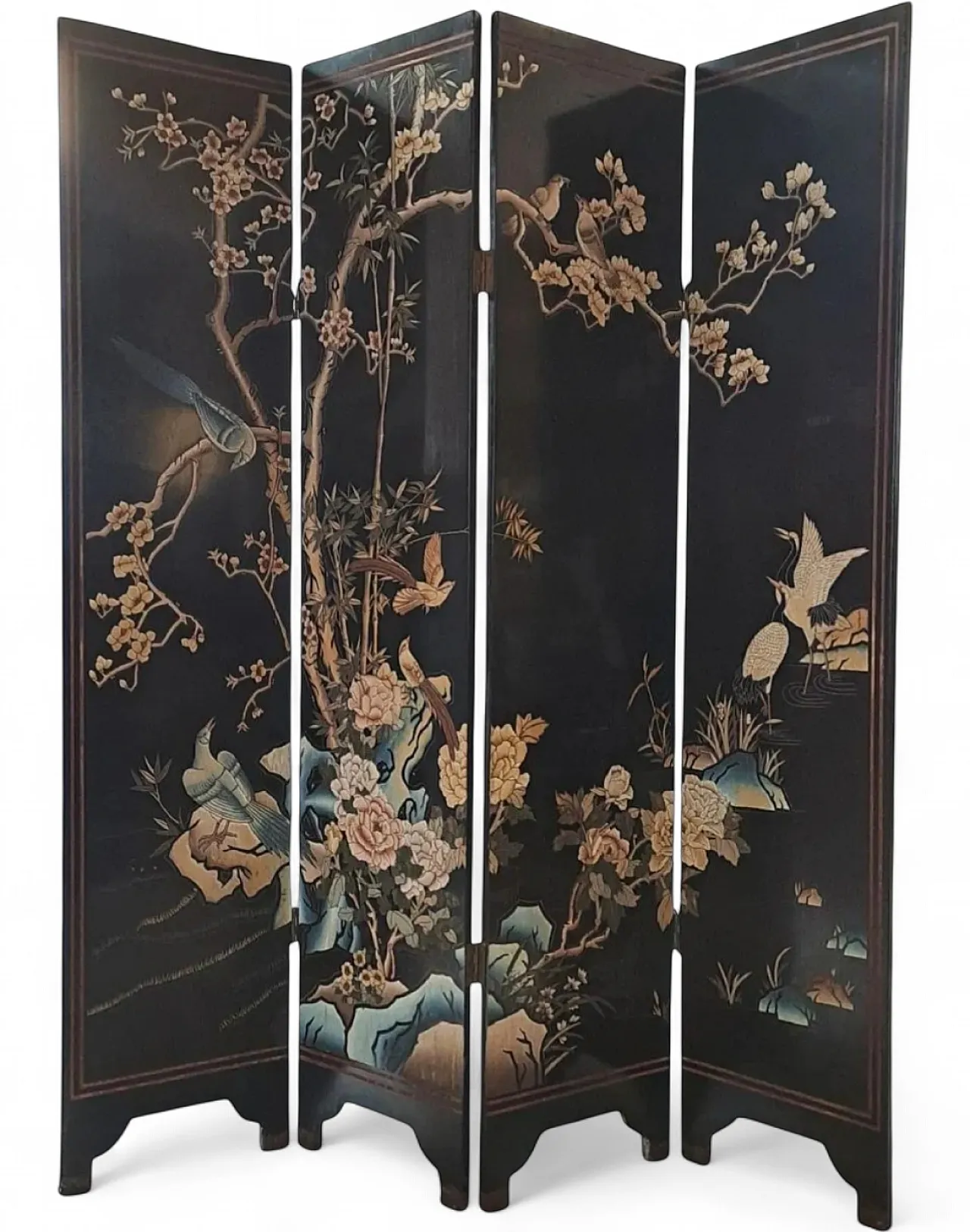 Paravento a quattro ante in legno laccato nero, anni '50 11