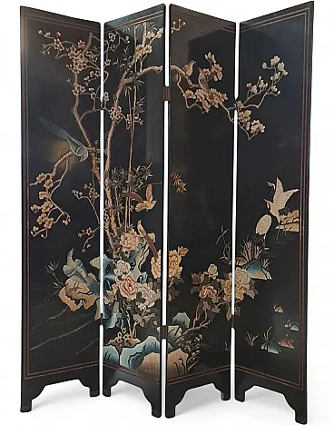 Paravento a quattro ante in legno laccato nero, anni '50