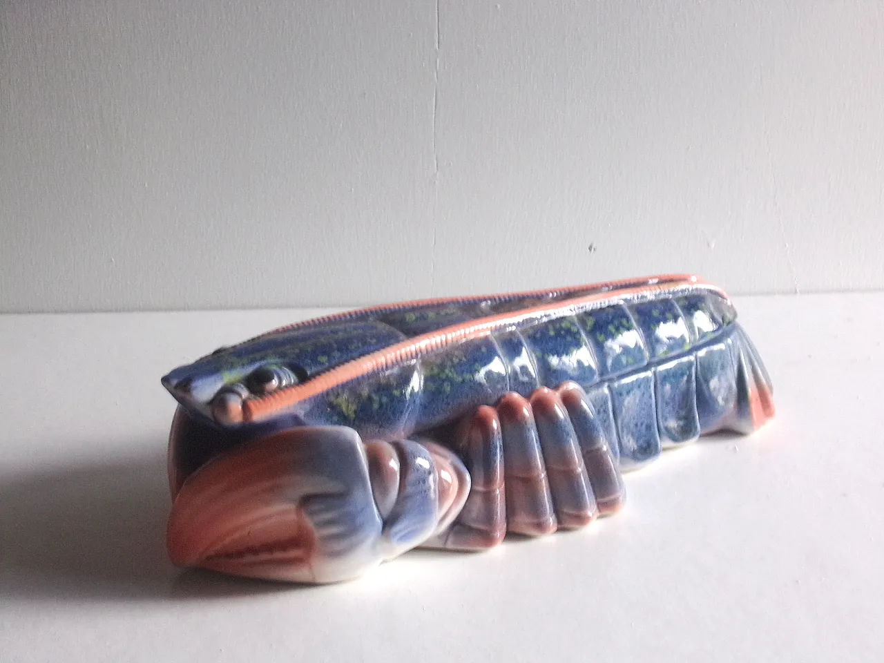 Rare Large Lobster Faience Terrine in Pink and Blue, 70s 1