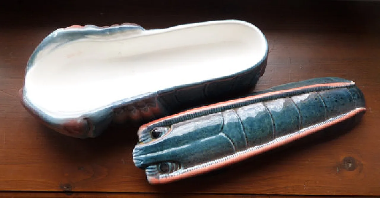 Majolica Lobster Pate Dish Faience Terrine, in Pink and Blue, 70s 7