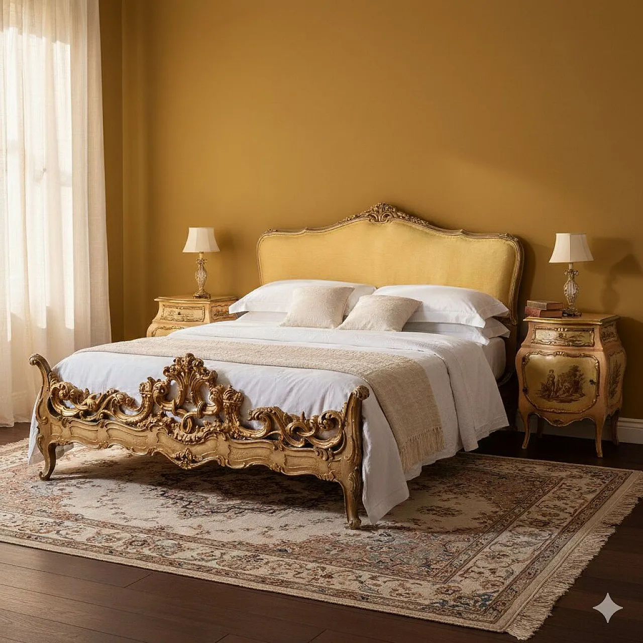 Bed in carved lacquered and gilded fir, early 20th century 2