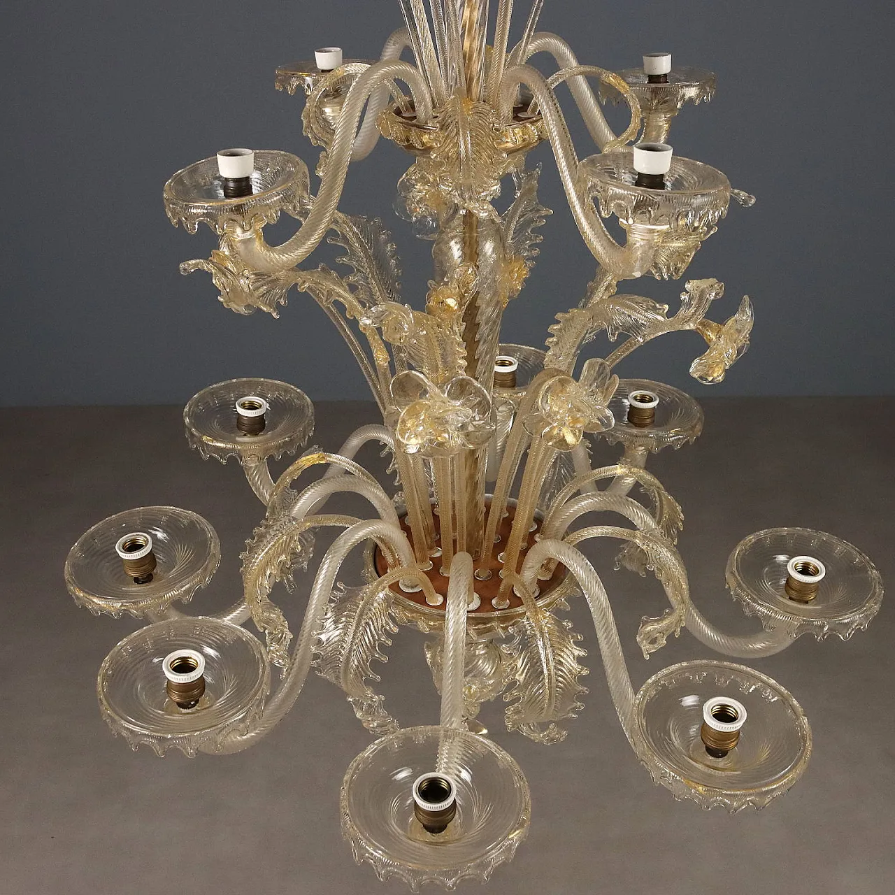 Lampadario in vetro soffiato con dorature, '900 8