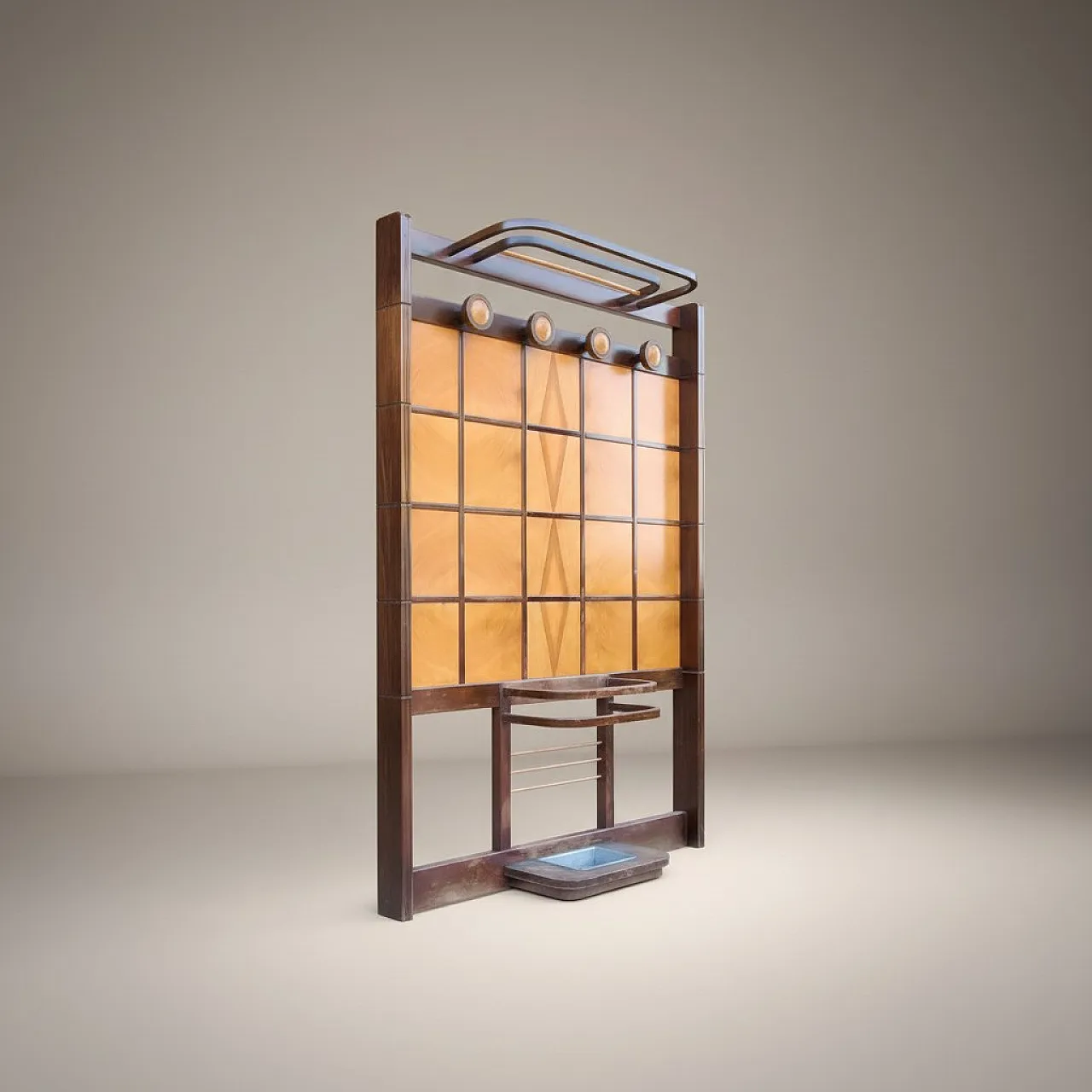 Art Deco wooden coat stand with umbrella stand and hatbox, 1930s 3