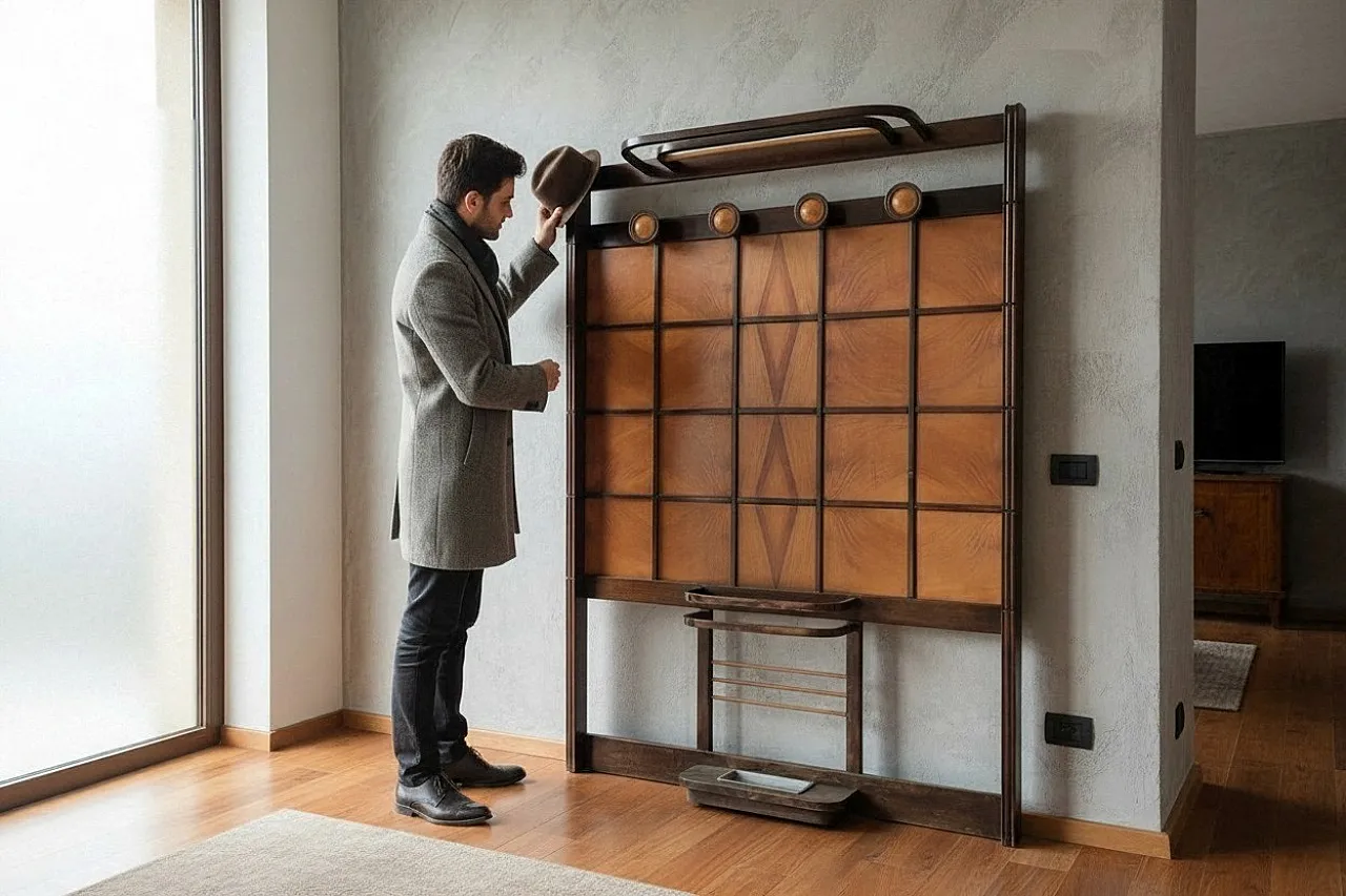 Art Deco wooden coat stand with umbrella stand and hatbox, 1930s 7